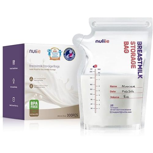 Nuliie 300 Pcs Breastmilk Storage Bags Freezer, 8 OZ Breast Milk Storing Bags, BPA-Free, Milk Storage Bags with Pour Spout for Breastfeeding, Self-Standing Bag, Space Saving Flat Profile