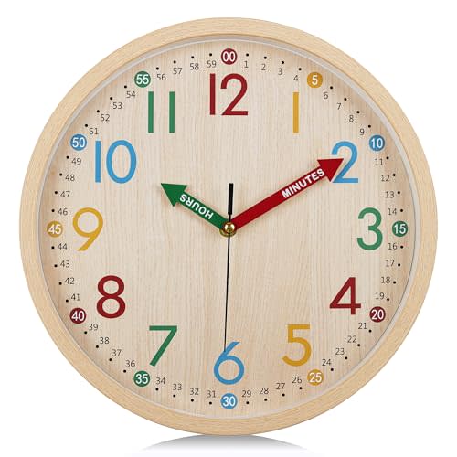 Lafocuse 12 Inch Silent Colorful Wall Clock Wood Grain Easy to Read, Cute Analog Rainbow Clock Time Teaching for Classroom Bedroom School