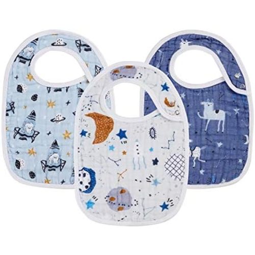 Snap Muslin Bibs for Boys & Girls,3-Pack Baby Bibs for Drooling and Teething,Cotton Muslin Absorbent & Soft Layers