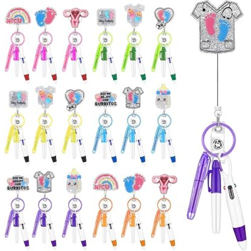 90 Pcs Nurse Badge Accessories, Nurse Pen Set Include Retractable Badge Reel Clips, Ballpoint Pens, Markers, Highlighters, Keychains, Medical Staff Appreciation Gifts, 18 Sets(Newborn)