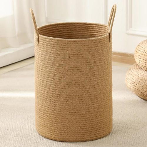 Laundry Basket Hamper Tall Rope Storage Woven for Blanket toys Dirty Clothes in Living Room Bathroom Bedroom (Jute Brown, 60L/15.8Gal)