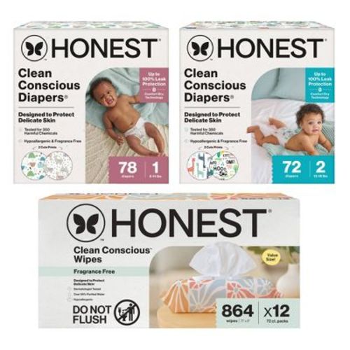 The Honest Company Plant-Based Baby Wipes 864ct + 72ct Clean Conscious Disposable Diapers Size 2 + 78ct Clean Conscious Disposable Diapers size 1