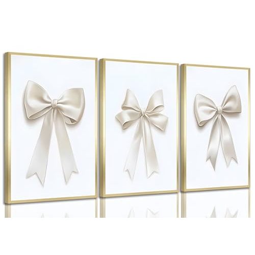 3 Pcs Beige Bow Canvas Wall Art Coquette Preppy Bow Aesthetic Paintings Pictures Wall Decor Poster Print Artwork for Girls Room Bedroom Dorm Home Decoration Unframed