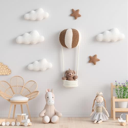 Chumia 7 Pcs Teddy Bear Nursery Wall Decor Air Balloon Nursery Wall Art | Boho Nursery Wall Art with Clouds Star Soft Room Decor Gender Neutral for Bedroom Decoration