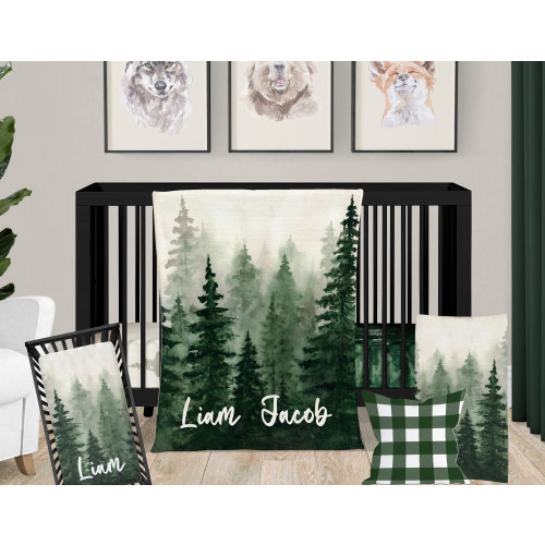 Forest Crib Bedding Set, Green Nursery Moody Tree Baby Bedding, Woodland Personalized Baby Forest Shower Gifts and Nursey Decor