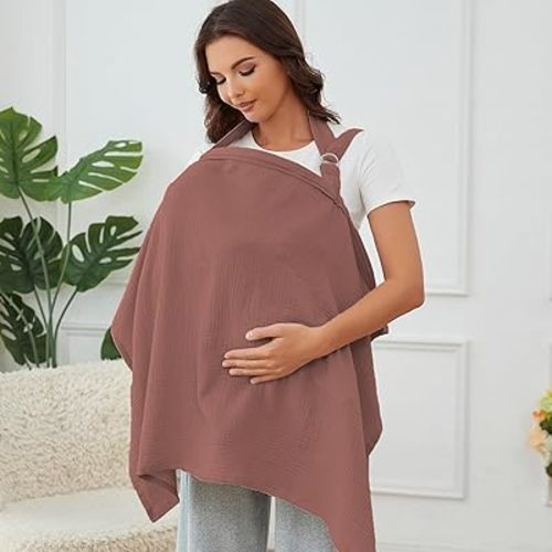 Muslin Nursing Cover for Baby Breastfeeding, Breathable 100% Cotton Breastfeeding Cover with Rigid Hoop for Mother Nursing Apron (Chestnut)