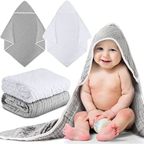 Chumia 2 Pieces Muslin Baby Bath Towel, Cotton Newborn Hooded Towel for Kids, 32x32Inch Hooded Baby Bath Blanket Towel for Babies Toddler Infant Shower Gift Supply, Soft and Absorbent (White,Gray)