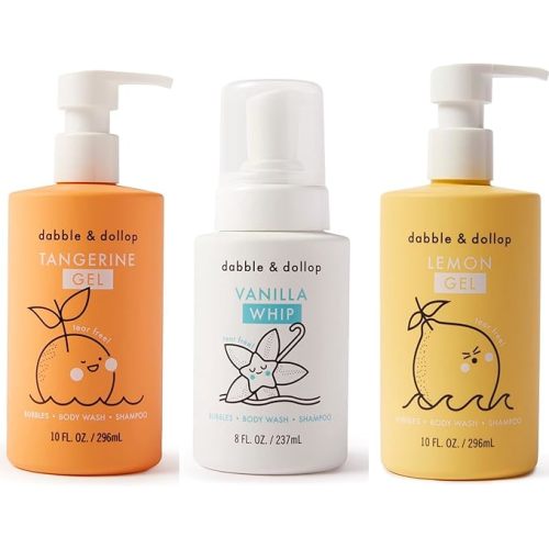 Dabble & Dollop Citrus Kiss Bundle, Natural Bubble Bath, Body Wash & Shampoo for Kids, Paraben & Sulfate Free, Vegan, Gluten-Free, Tear-Free, Tangerine, Vanilla, Lemon (Set of 3)