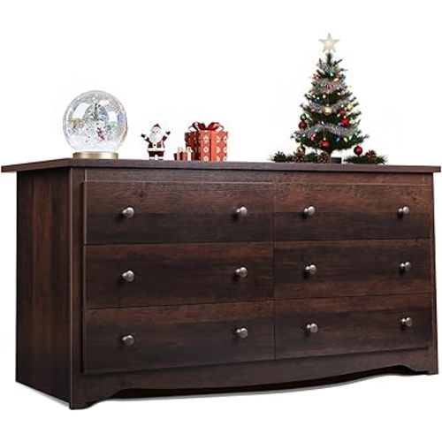 WLIVE Wooden Dresser for Bedroom, 6 Drawers Chest of Drawers, 59" Wide Modern Dresser Closet Storage Organizer for Living Room Hallway, Brown