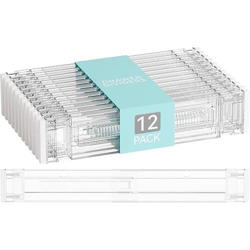 12Pack 3.2 Inch Shallow Acrylic Drawer Dividers for Clothes -Expandable from 15-21''- Adjustable Drawer Dividers for Baby Clothing,Sock,Underwear,Clear in Drawer Separators for Dresser,Kitchen