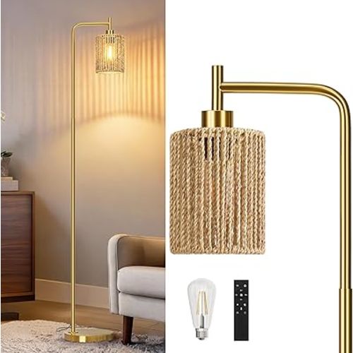 Oneach 66" Gold Floor Lamp for Living Room, Boho Floor Lamp with Remote Control and LED Bulb, Rattan Shade, Industrial Tall Farmhouse Standing Lamp for Bedroom, Dining Room, Study Room, Office