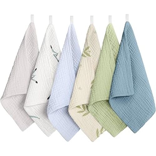 Muslin Baby Wash Cloths 10x10inch 100% Cotton Washcloth Soft Absorbent Baby Face Towel for Baby Girl Boy 6Packs (Seagull&Vines)