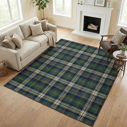 Area Rugs 5'x7' Washable Rug, Plaid Green Tartan Stain Resistant Non Slip Backing Christmas Vintage Carpet for Living Room Bedroom Dining Room