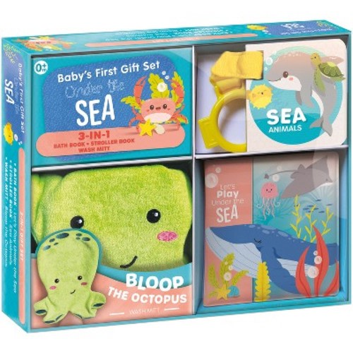 Baby's First Gift Set Under the Sea: Soft Baby Wash Mitt for Toddlers 1-3, Stroller Book, Waterproof Bath Books - Best Newborn Baby Gifts
