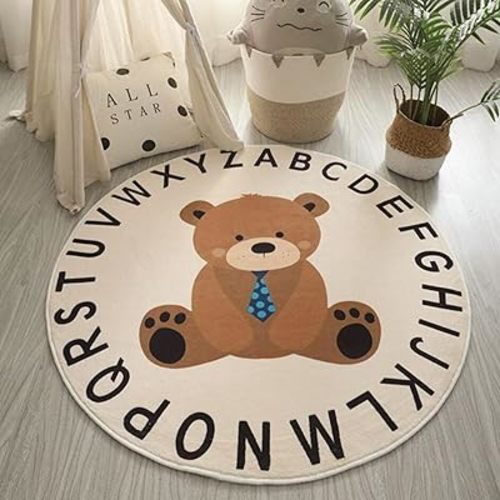 3.2ft Round ABC Rug for Kids Soft Alphabet Nursery Rug Boy Girl Animals Playroom Rug Non-Slip Educational Learn Rug Baby Crawling Mat Circle Carpet for Kids Room Bedroom Living Room, Bear