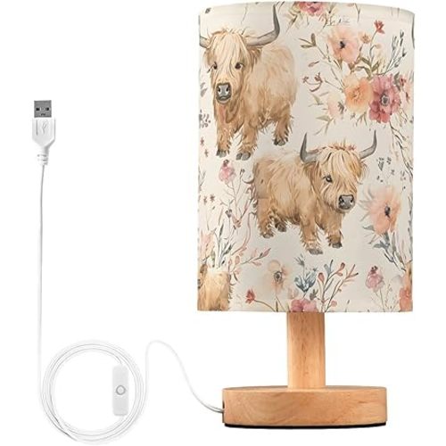Bedside Table Lamp Highland Cows Flowers Table Lamp for Bedroom Nightstand Lamp with USB Port LED Desk Lamp Shade Living Room Dorm Office