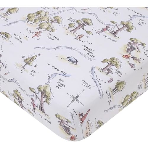 Disney Classic Winnie the Pooh Sage, Tan, and White, Map of 100 Acre Woods Super Soft Nursery Fitted Crib Sheet
