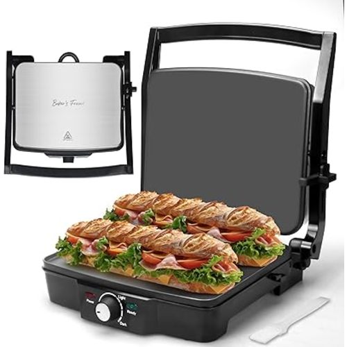 Baker's Friend Panini Press Electric Griddle, Panini Grill Press Sandwich Maker Press, Grilled Cheese Maker, Sandwichera Electrical, Browning Control, Non Stick Surfaces, 4-Slices, Stainless Steel