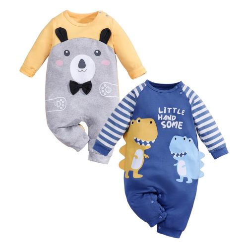 2- Pack Newborn Infant Baby Girls Boys Dinosaur Bear Print Romper Outfit Long Sleeve Jumpsuit Summer Onesie
