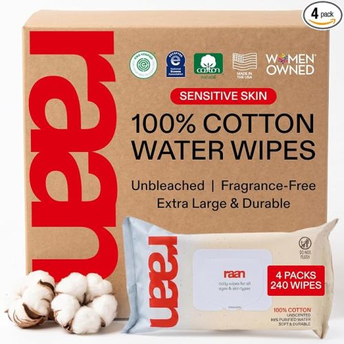 Raan, 100% Cotton Baby Wipes, Unbleached, 99% Purified Water, Unscented, EWG verified, For Extra Sensitive Skin, Naturally Soft and Durable, 4 pack, 240 Count
