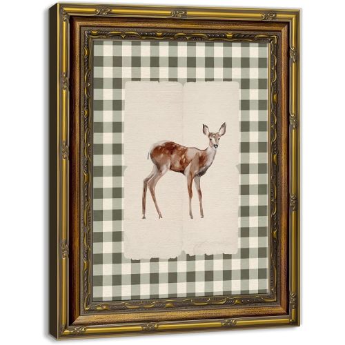 Gold Framed Deer Canvas Wall Art, Green Gingham Deer Picture Wall Decor, Watercolor Fawn Print, Rustic Ornate Frame Farmhouse Decor, for Living Room, Bedroom, Cabin, 9x11 Inch