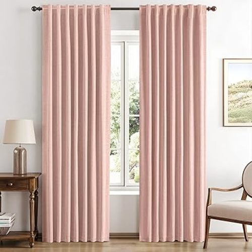 MIULEE 100% Blackout Linen Curtains for Bedroom, Blush Pink Solid Luxury Decor Thermal Insulation Room Darkening Drapes for Living Room Nursery Back Tab Rod Pocket 42 x 84 Inches, 2 Panels