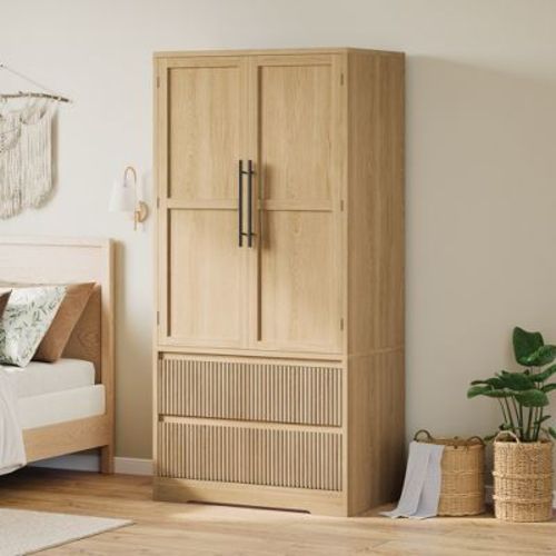 Bedroom Wooden Armoire Wardrobe Closet, Wardrobe Armoire Cabinet with 2 Glass Doors and Drawers, Freestanding Armoire with Shelves & Hanging Rod
