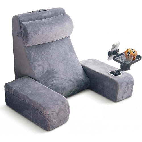 Reading Pillow for Adults – 24” XL Memory Foam Backrest with Detachable Arms, Cup Holder, Phone Caddy & Adjustable Tray Mount | Back Pillow for Bed Sitting up, Reading, TV & Recovery