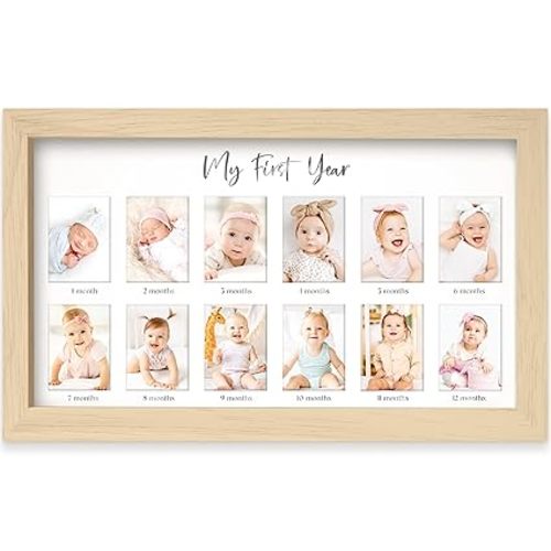 My First Year Photo Frame, 12 Months Baby Picture Frame for Newborn Girl,Boy - Baby Shower Gifts Keepsakes,Monthly Baby's One Year Birthday Milestone,1st Nursery Photo Collage Display Board (Ash Wood)