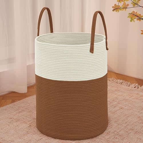 Large Woven Laundry Basket Hamper, 60L, White and Brown