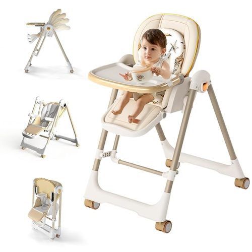 High Chairs for Babies and Toddlers, Foldable High Chair with Lockable Wheels, 4-in-1 Convertible, Adjustable Reclining Seat with Leg Rest & 5-Point Harness, Soft Cushion, Portable When Folded, Beige
