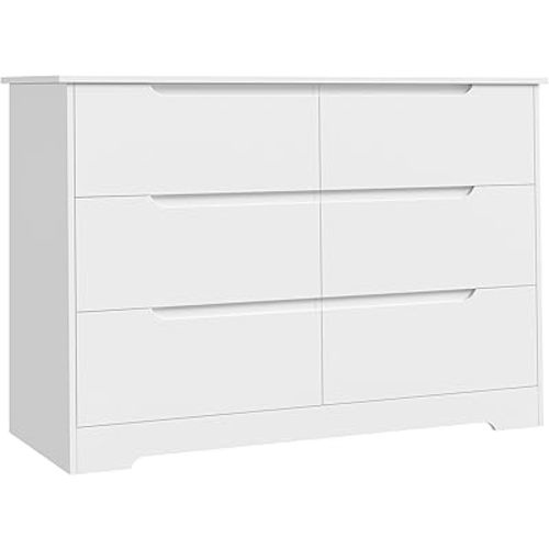 6 Drawer Dresser, Modern White Dresser for Bedroom, Wooden Double Chest of Drawers for Clothing Organization, White