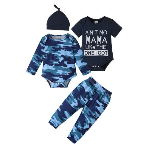 KIMI BEAR Newborn Baby Boys Layette Set 3-6 Months 2-Packs Clothes Shower Gift Sets Short Sleeves Romper Long Sleeves Tops Letter Print Camouflage Pants Sets with Hat 4pcs Clothing Blue