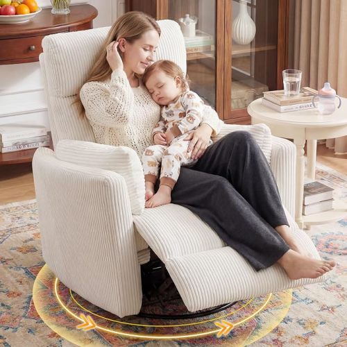 360°Swivel Recliner Chair, Nursery Chair with 2 Pillows, Rocker Chair with Soft Corduroy Fabric for Living Room, Bedroom
