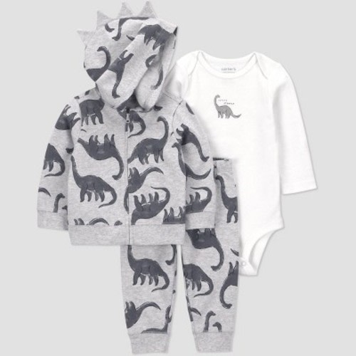 Carter's Just One You® Baby Boys' 3pc Dino Hooded Zip-Up Sweatshirt with Bodysuit and Jogger Pants Set - Gray Newborn