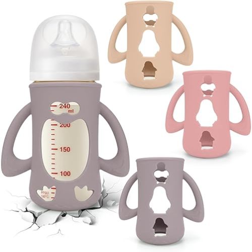 BUSOHA 3 Pack Silicone Sleeves for Pigeon Bottle - Baby Bottles Sleeves Compatible with Pigeon Glass Bottles Anti Breakage Baby Bottle Holder with Handle, 8.1 OZ