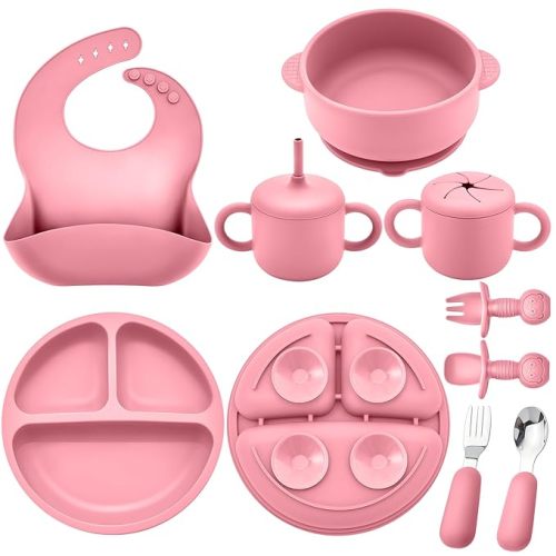 Silicone Baby Feeding Set, Baby Led Weaning Supplies, Eating Essentials Utensils with Suction Plate and Bowl, Pocket Bib, Sippy Cup with Lid, Forks Spoons Snack Container, for 6+ Months, Pink