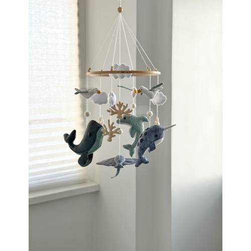Ocean Baby crib Mobile, Whale, Dolphin, Narwhal, Stingray, Seagulls, Corals and Clouds Gray and Blue Felt mobile nautical nursery, baby gift