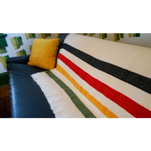 Pisgah Stripe Woven Throw - Creme blanket with Black, Red, Yellow, & Green Stripes - Pisgah National Forest USA (73x48)