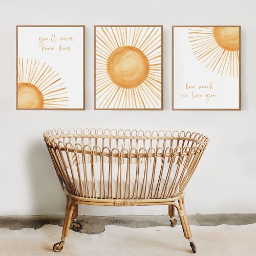 Boho Setting Sun Nursery Wall Art Print, Set of 3 Prints, Boho Sunshine Print, Boho Wall Art Set, Gender Neutral Kids Art Sunshine UNFRAMED