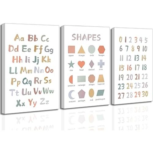 3Pcs Kids Playroom Wall Art Decor Toddler Room Decor ABC Nursery Artwall Shapes Canvas Wall Art 123 Poster Print Decoration for Classroom Toddler Kids Nursery Bedroom