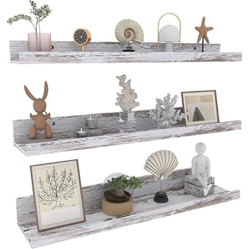 Lavezee 24 Inch Floating Shelves for Wall Set of 3, Rustic Picture Ledge Wall Mounted Shelf for Living Room, Bedroom, Kitchen, Bathroom, Distressed White