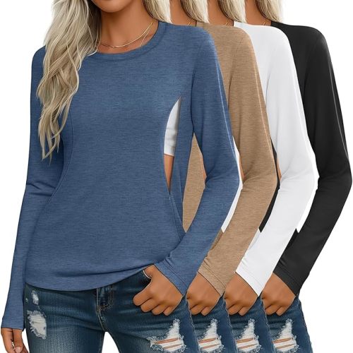 4 Pack Women's Nursing Breastfeeding Tops, Long Sleeve Maternity Shirts Loose Fit Hidden Zipper Pregnancy Clothes