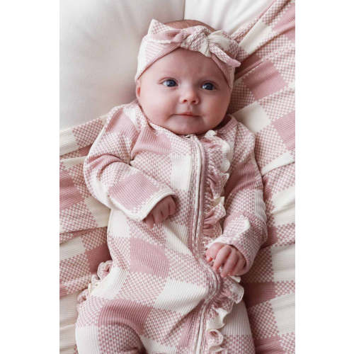 Big Check Bamboo Waffle Zipper Ruffle One-Piece Footie in Rosy | Caden Lane