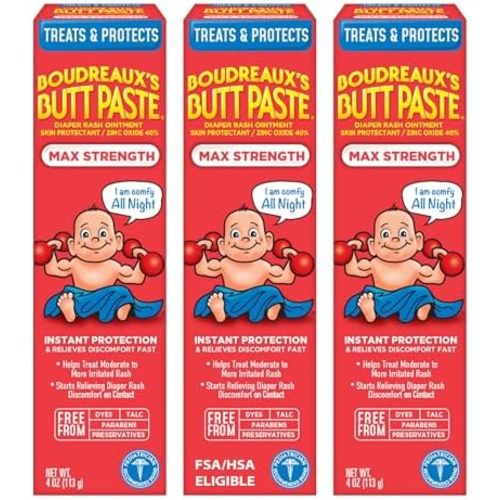 Boudreaux’s Butt Paste Maximum Strength Diaper Rash Cream, 4 Oz, Pack of 3