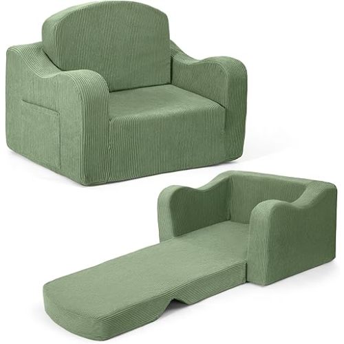 Comfy Toddler Chair for Kids, 2-in-1 Toddler Soft Plush Couch Fold Out, Convertible Kids Couch to Lounger, Baby Sofa for Boys and Girls, Green