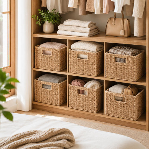 Dakota Fields Set of 6 Foldable Paper Rope Wicker Storage Baskets, Handles | Wayfair