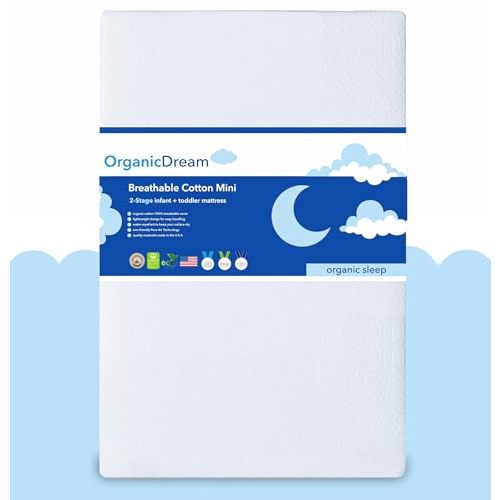 ORGANICDREAM 5" Mini Crib Mattress - 100% Breathable Proven to Reduce Suffocation Risk - GREENGUARD I 2-Stage I Washable I Extra Firm Infant Side and Plush Toddler (38x24x5) - Deluxe 5" Thick