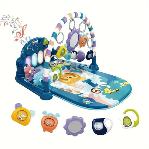 Chak’s Choice Baby play mat and gym, Piano Tummy Time activity mat, 5 sensory toys, music and lights - Toddler gift, 0-12 months (blue)