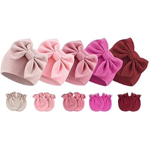 BQUBO Newborn Baby Girls Hats Mittens Set Hospital Hat Beanie Infant Bow Hats Baby Cotton Gloves for 0-6 Months